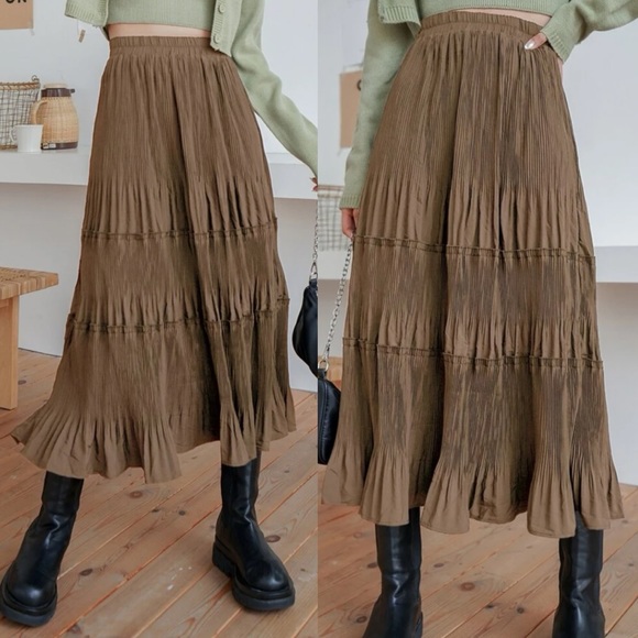 Luxe high waisted plisse pleated ruffle hem maxi skirt
